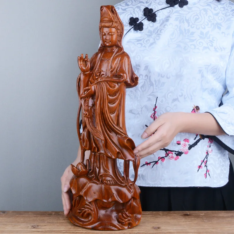 Quan Yin Statue on Lotus Pedestal-Kwan Yin Goddess of Mercy，Compassion,and Love Sculpture in Premium wooden- Collectible