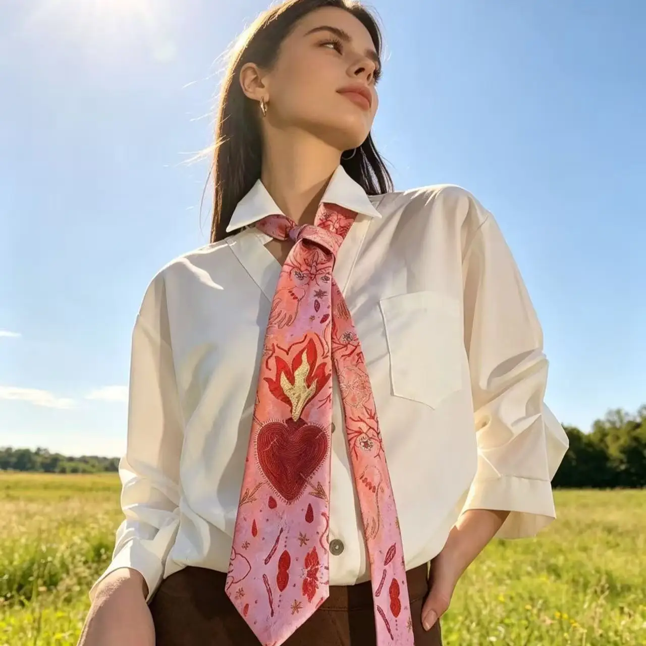 Y2K Vintage Gradient Pink Heart Flame Tie for Women Romantic Neck Scarf Lightweight Daily Fashion Accessory Unique Neck Tie Gift