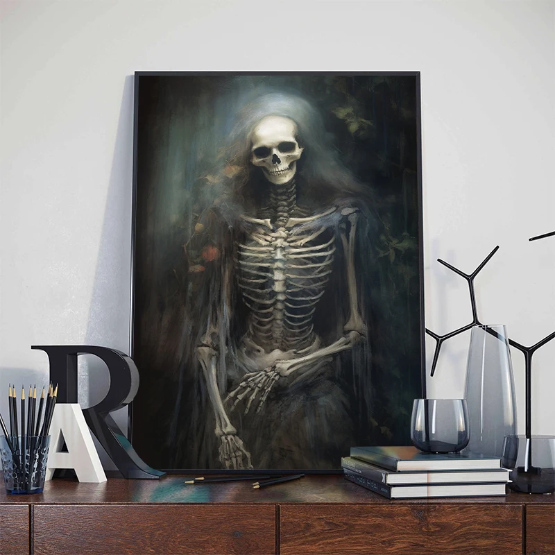 Dark Academia Gothic Vintage Posters Prints Skeleton Ghost Pumpkin Witch Canvas Painting Halloween Wall Art Picture Home Decor