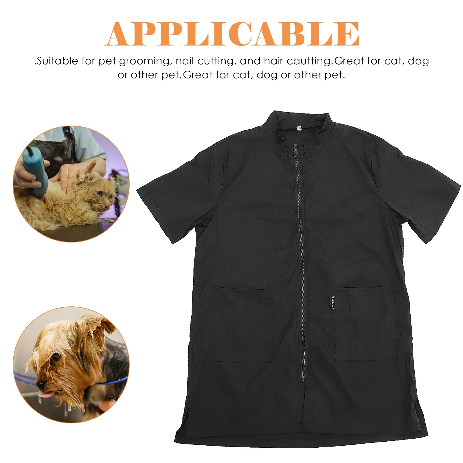 Professional Waterproof Pet Cosmetologist Uniform Nylon Grooming Smock for Dog Cat Nail Cutting Bath Black Size L