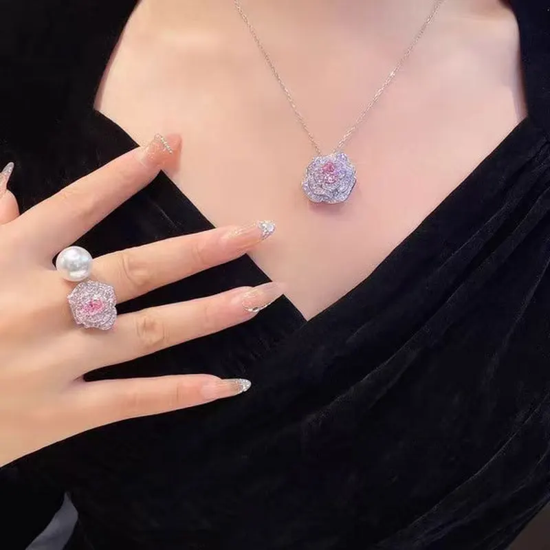 925 Sterling Silver Romantic and Fashionable Pink Rose Flower Necklace Australian White Pearl Ring Earring Three Piece Set Jewel
