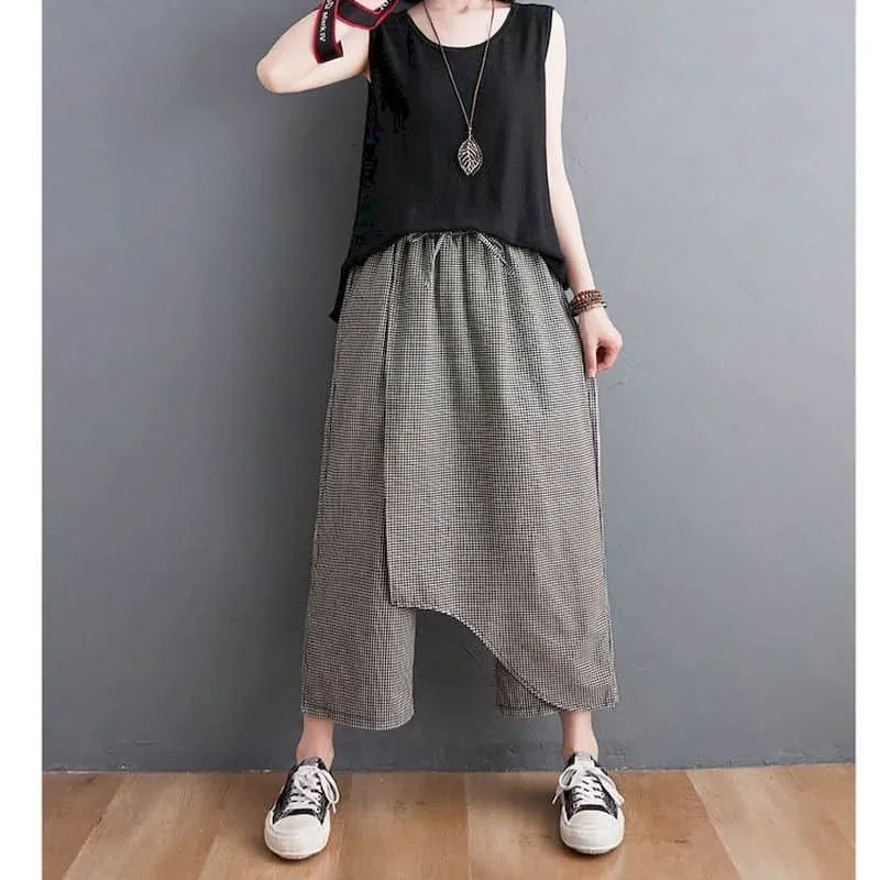 

Pop Cotton Wide Leg Pants Women Vintage Harajuku Korean Style Elastic Waist Trousers Women Clothing Loose Casual Cross Pants Cul