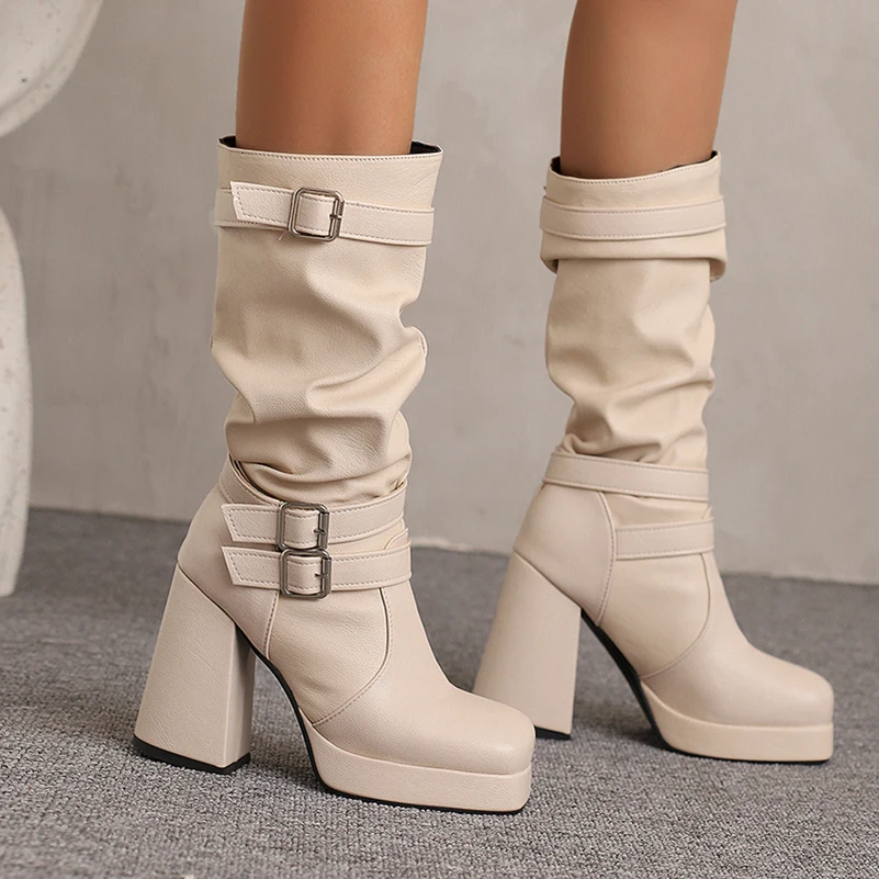 Plus Size Three Row Metal Belt Square Buckle Slip on Mid Length Boots Square Toe High Height Thick Heel Plush Lining Knight Boot