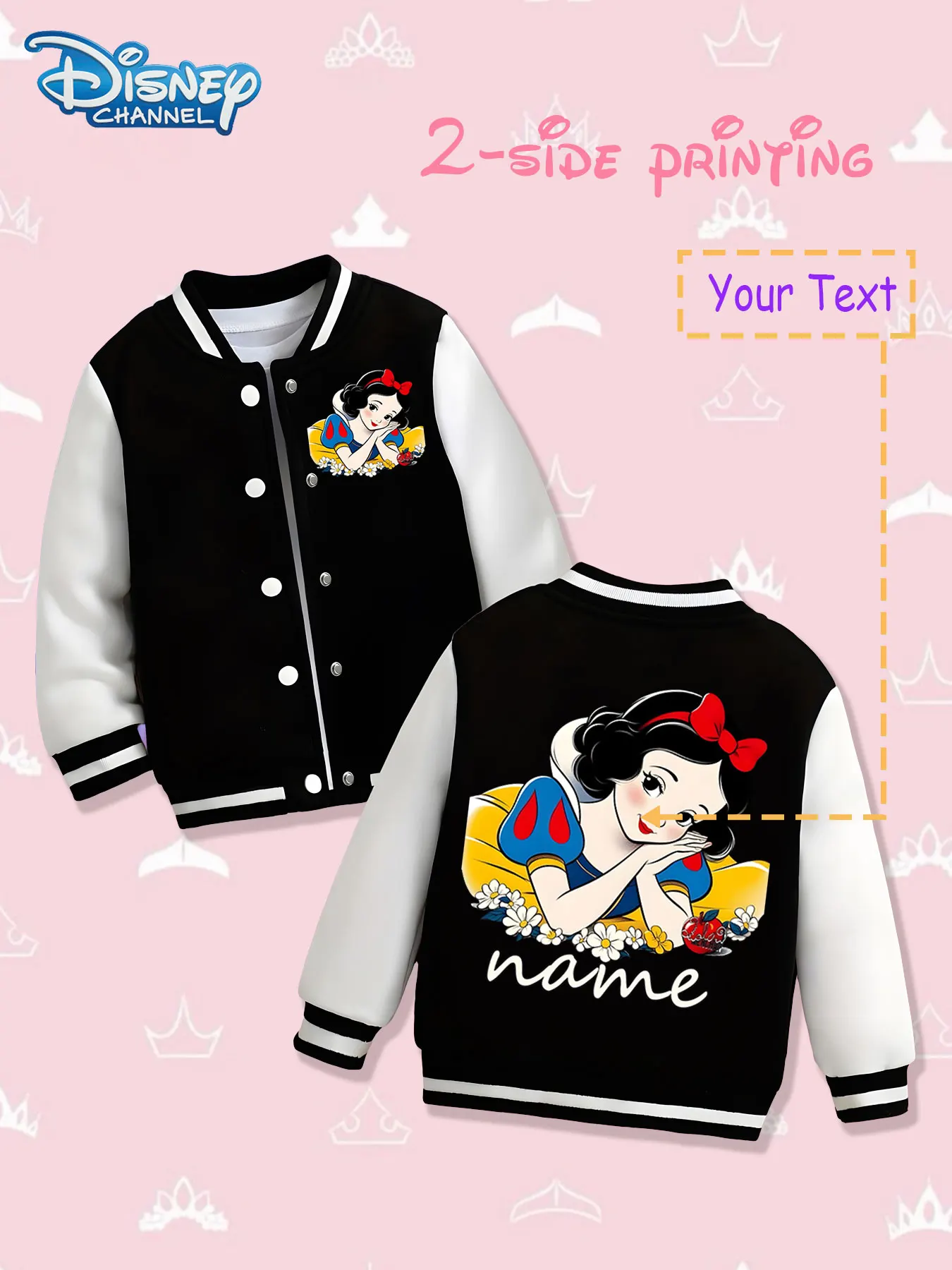 

MINISO Disney Snow White Sweet Children's Baseball Jacket - Snow White's classic image is presented on both sides, with a red ba