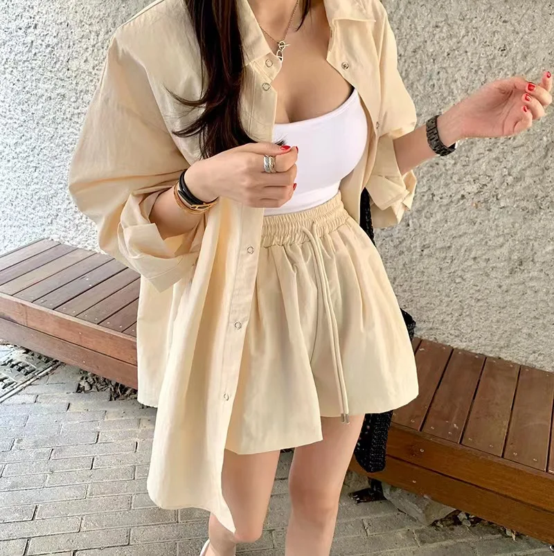 Fashion Set Women Loose Design Western Sle Sun Protection Shirts Top + Elastic Shorts Early Spring Wear A Complete Set