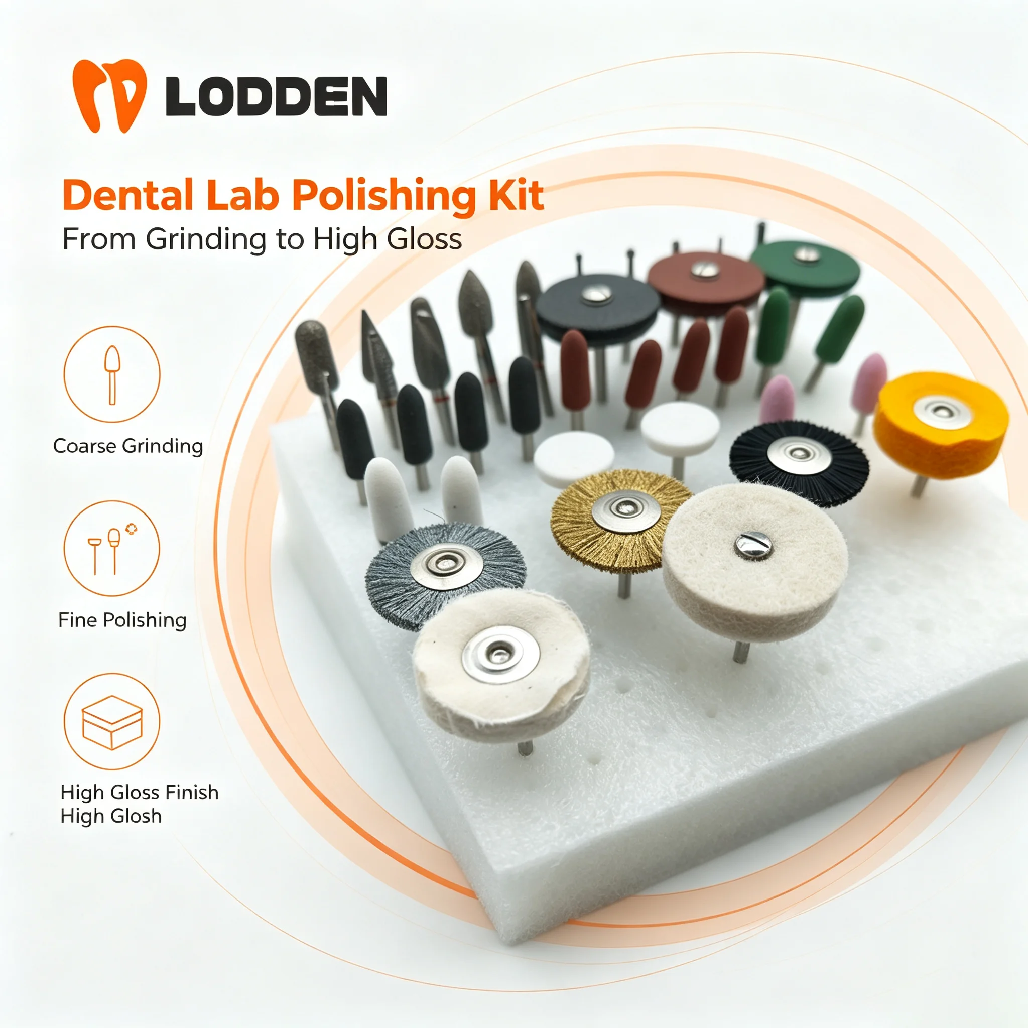 Lodden Dental 3A00.1 Dental Grinding Kit Polishing Burs Diamond Stones for Zirconia/AllCeramics Diamond Polishing Grinding Burs