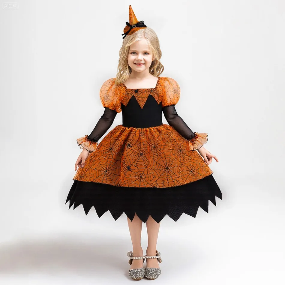Halloween Girls Spider Printed Web Long Sleeve Dress Kids Bubble Transparent Lace Sleeve Black Orange Dress Carnival Costume
