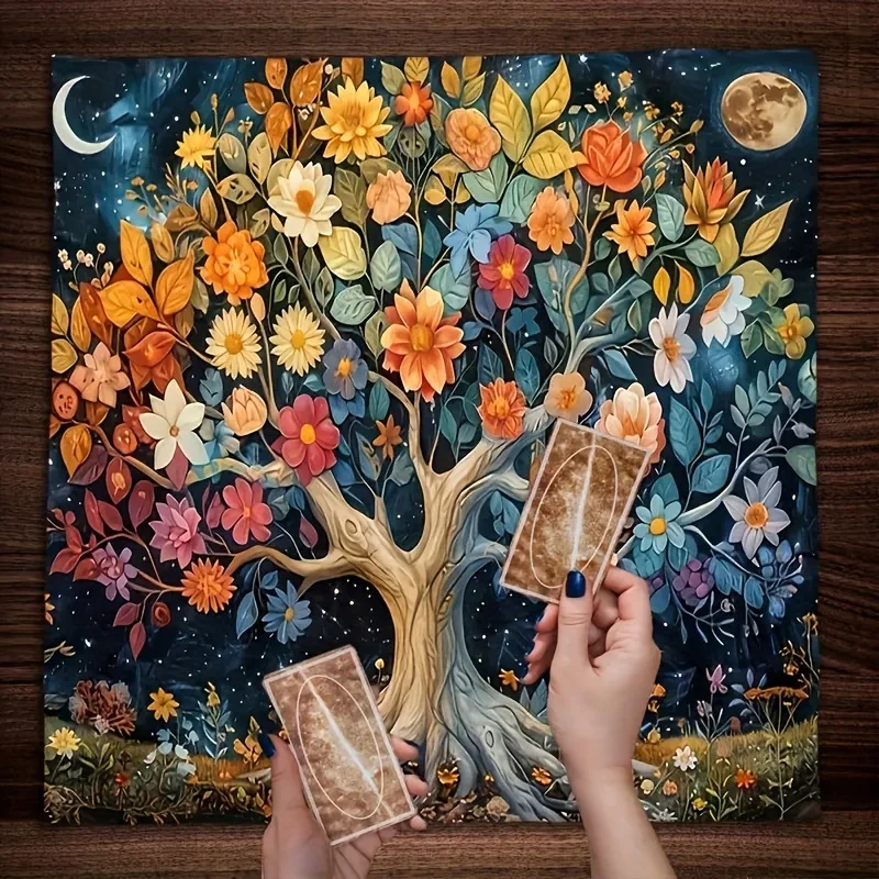 Mystic Tree of Life Tarot Reading Cloth, Witch Divination Tablecloth, Square, Floral Moon‑phase Pattern for Home Decor
