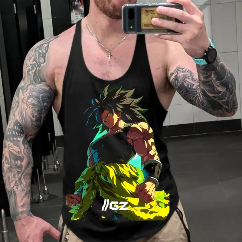 Autentyczna (Bandai) Licencjonowana męska koszulka bez rękawów Dragon Ball Z na lato, sportowa, na siłownię, z krzyżowym wzorem, luźna, oddychająca, idealna na zewnątrz, bluza.