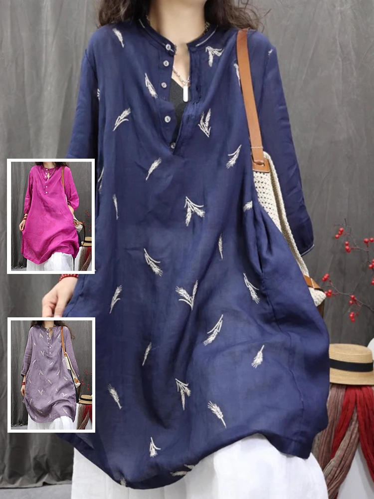 Ele blé oreille broderie léger respirant irt grande taille femme mi-longue boutonné col montant sept-saves Su...