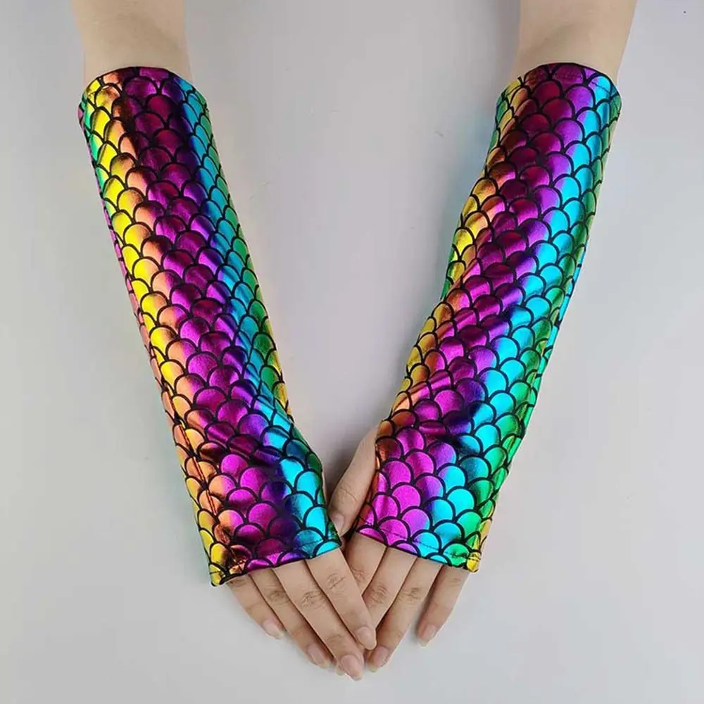 Fancy Colorful Fingerless Gloves Fish Scale Long Cosplay Gloves Arm Sleeves Party