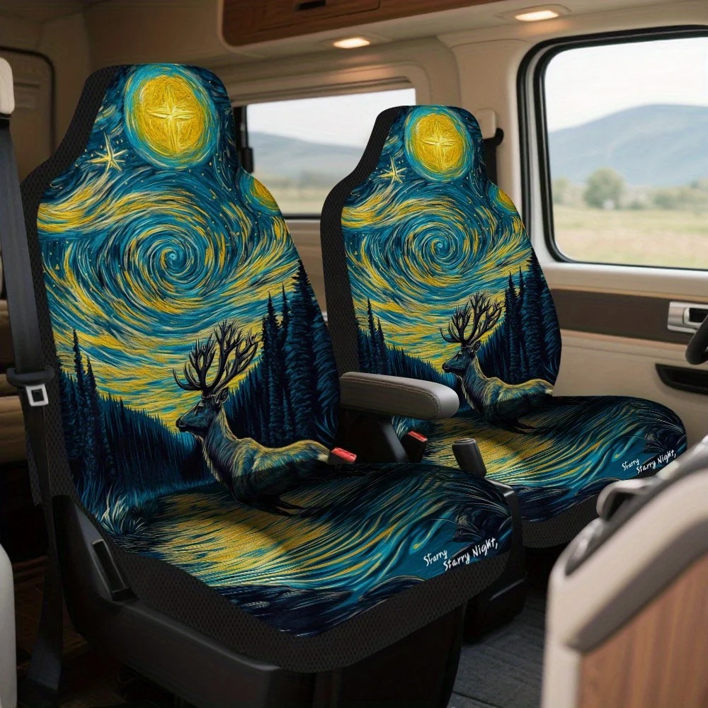 2pcs Starry Night Elk Car Seat Covers, Universal Fit For Front Seats, Durable Material For Men And Women, Providing Maximum Comf