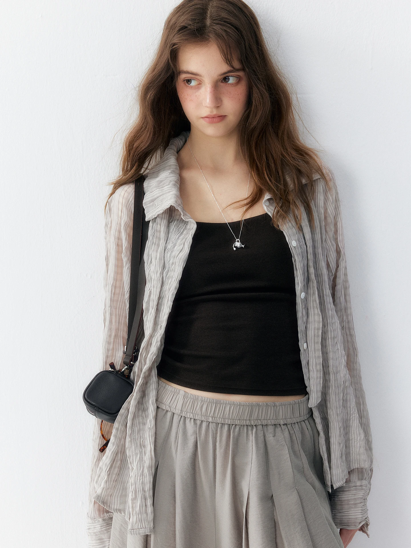  plus Textured Wrinkle Sensation Korean Plaid Sun Protection Women's Summer Open Cardigan Semi-Transparent Stand Coll...