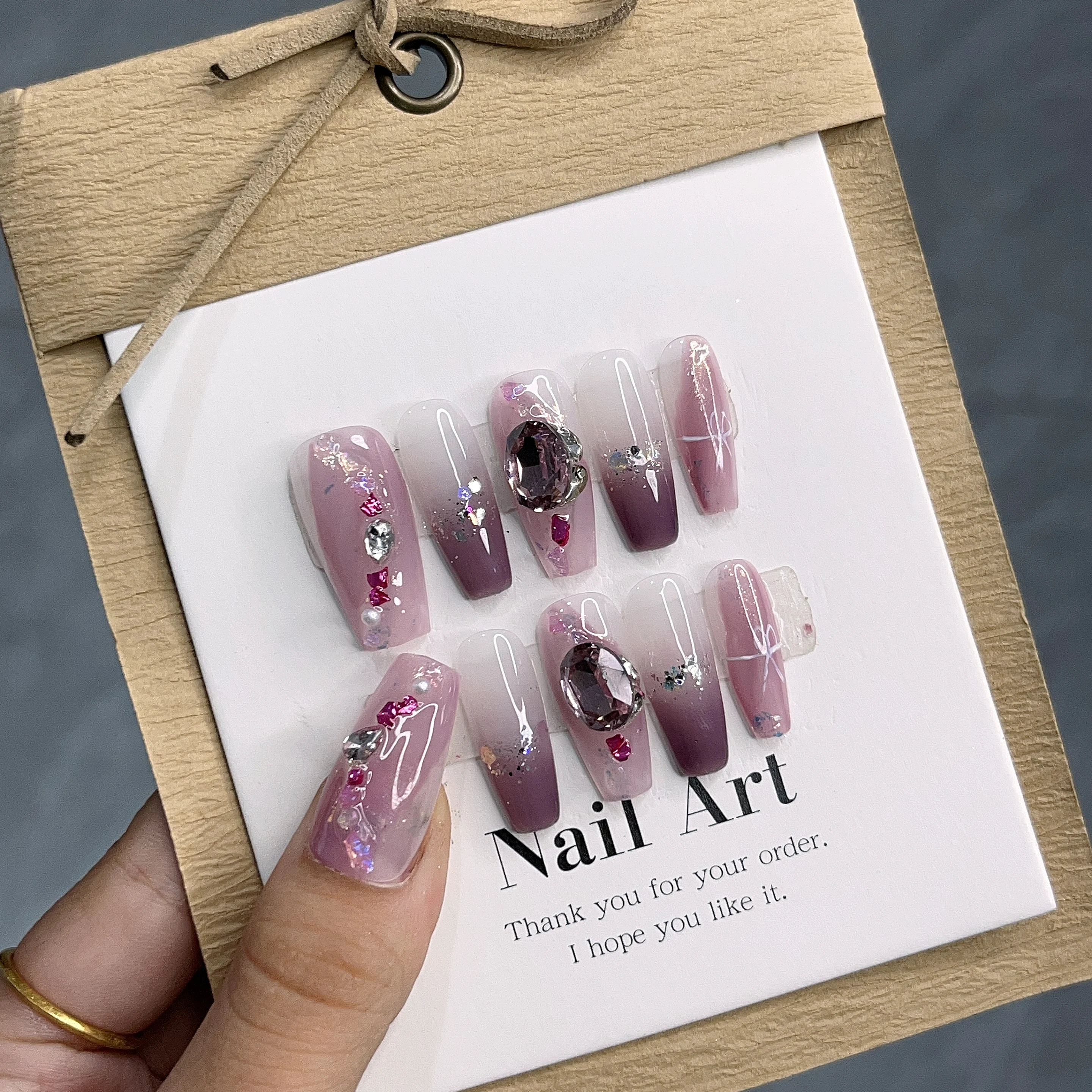 Purple Mist Gauze Ice Transparent Rhinestone High-end Quality Removable Handmade Press On Nails for Dreamy Style.No24461