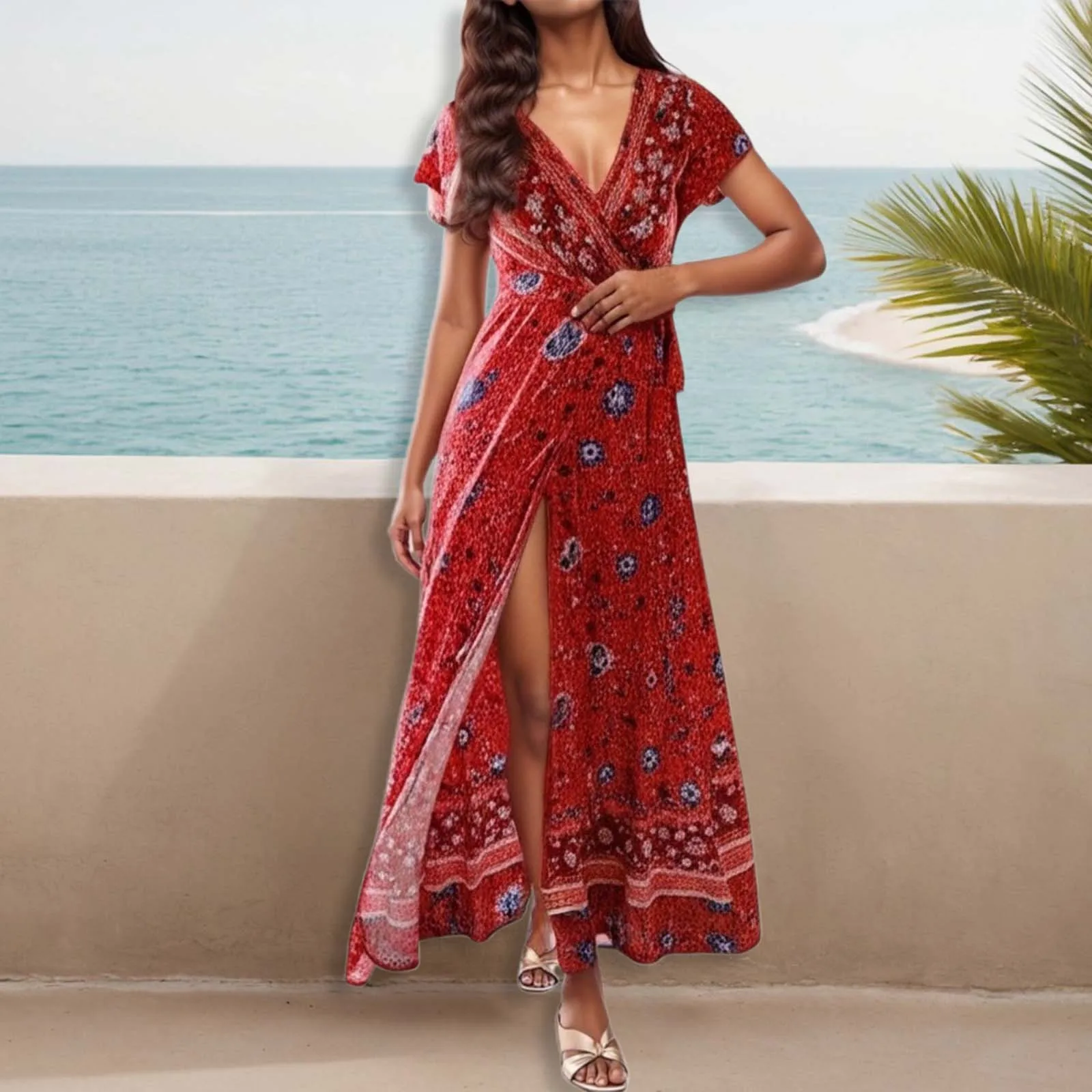 

2025 Summer Women's Fashion Bohemian Elegant Sexy Slit Casual Light Luxury Mid Length Printed Strap Dress Beach Dresses