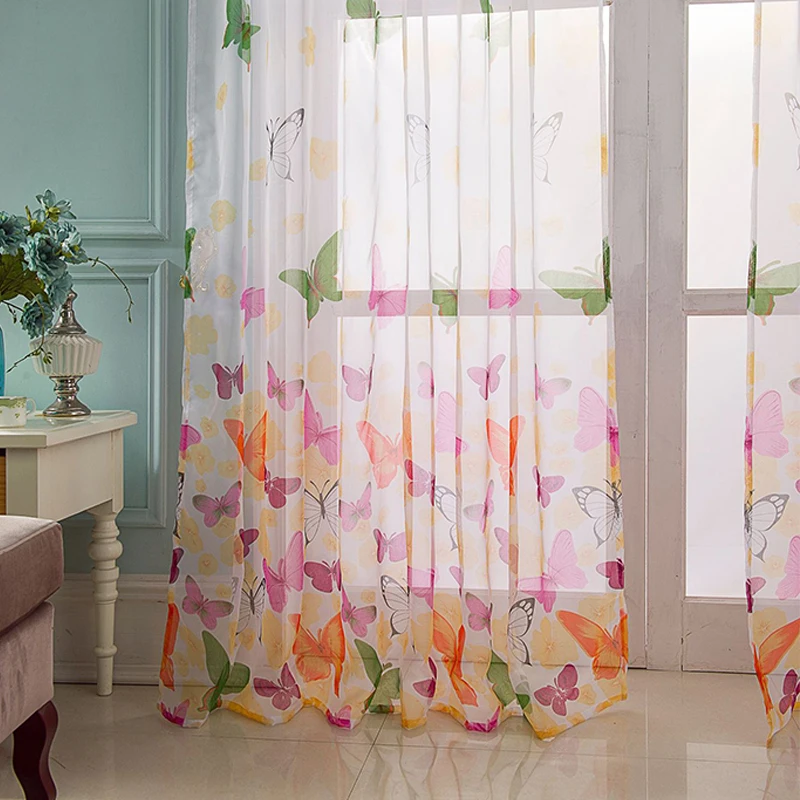 New Pastoral Floral Tulle Sheer Curtains Spring Summer Living Room Bedroom Kitchen Shade Window Drape Butterfly Voile Curtains