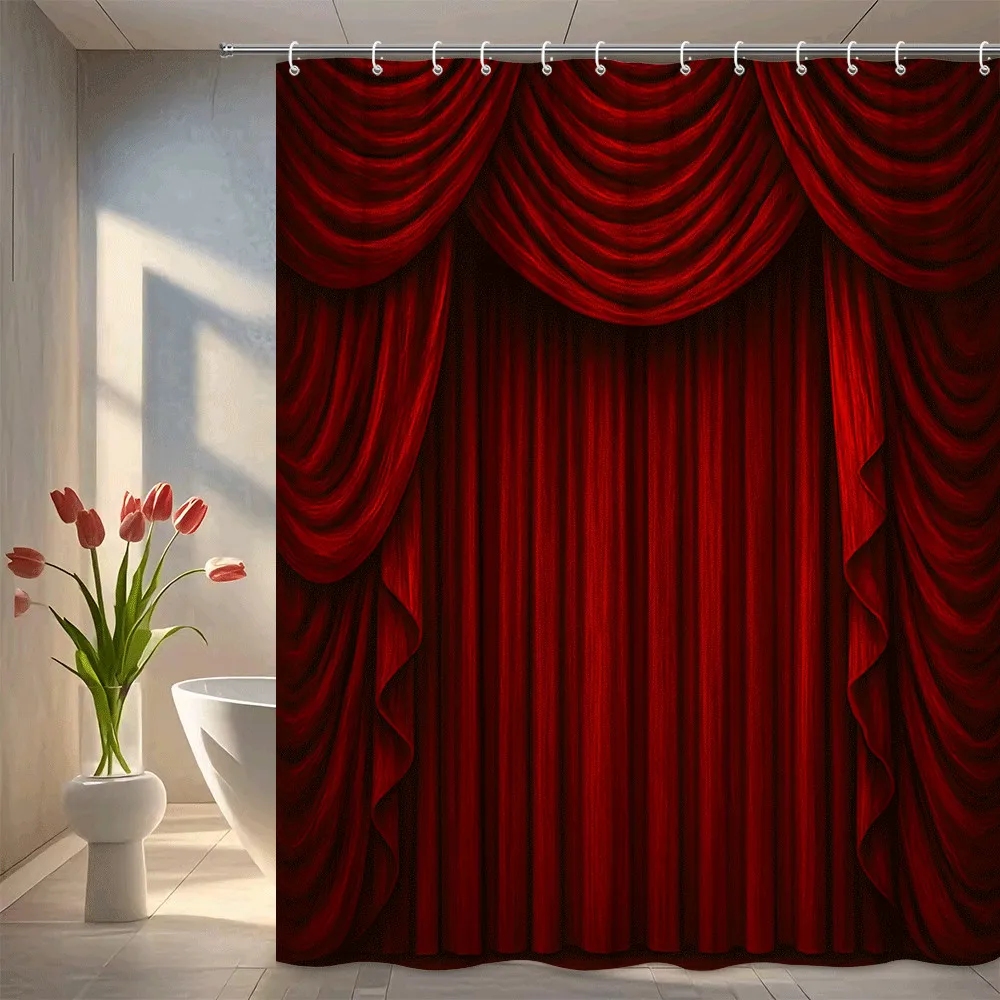 Red Velvet Theater Curtain Shower Curtain Dramatic Stage Drapes Elegant Luxury Bathroom Decor Waterproof Easy to Install