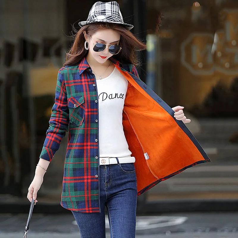 2023 Winter Plaid Shirt Women Warm Long Korean Version Of the New Elastic Slim Fleece Middle-aged Thick Coat Women