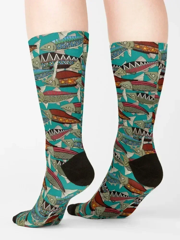 Alaskan salmon teal Socks happy halloween hiking luxe Women Socks Men's