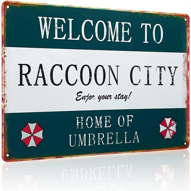 Y1,Welcome to Raccoon Citys Vintage Metal Tin Signboard - Company Home Décor, Durable Iron Construction, -aluminum sign