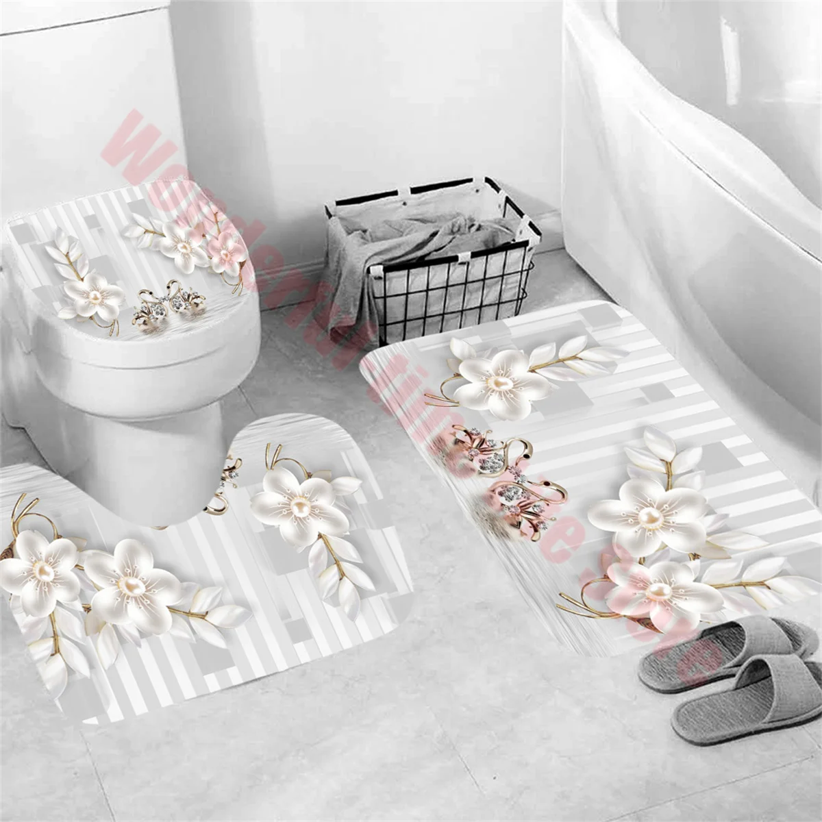 Luxury Rose Print 3 Pcs Set Two Swans European Style Bath Mats Anti Slip Bathroom Mat Set Washable Toilet Rugs Carpet Home Decor