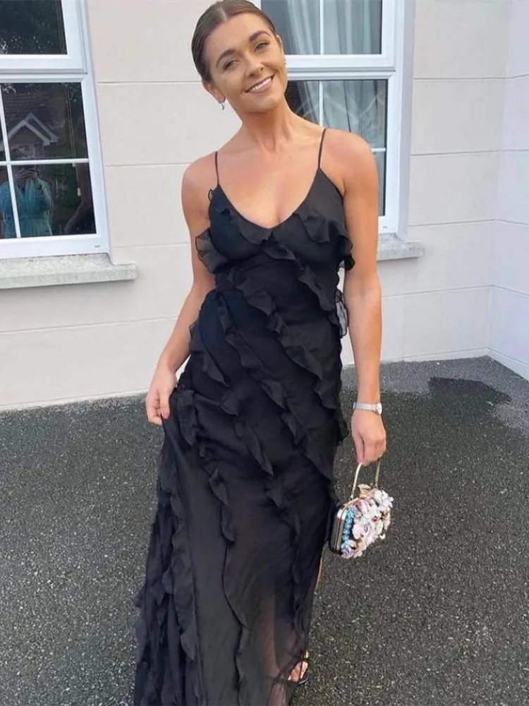 hirigin Women's Spaghetti Strap V Neck Ruffle Long Dresses Split Bodycon Long Dresses Strappy Backless Evening Party Dresses