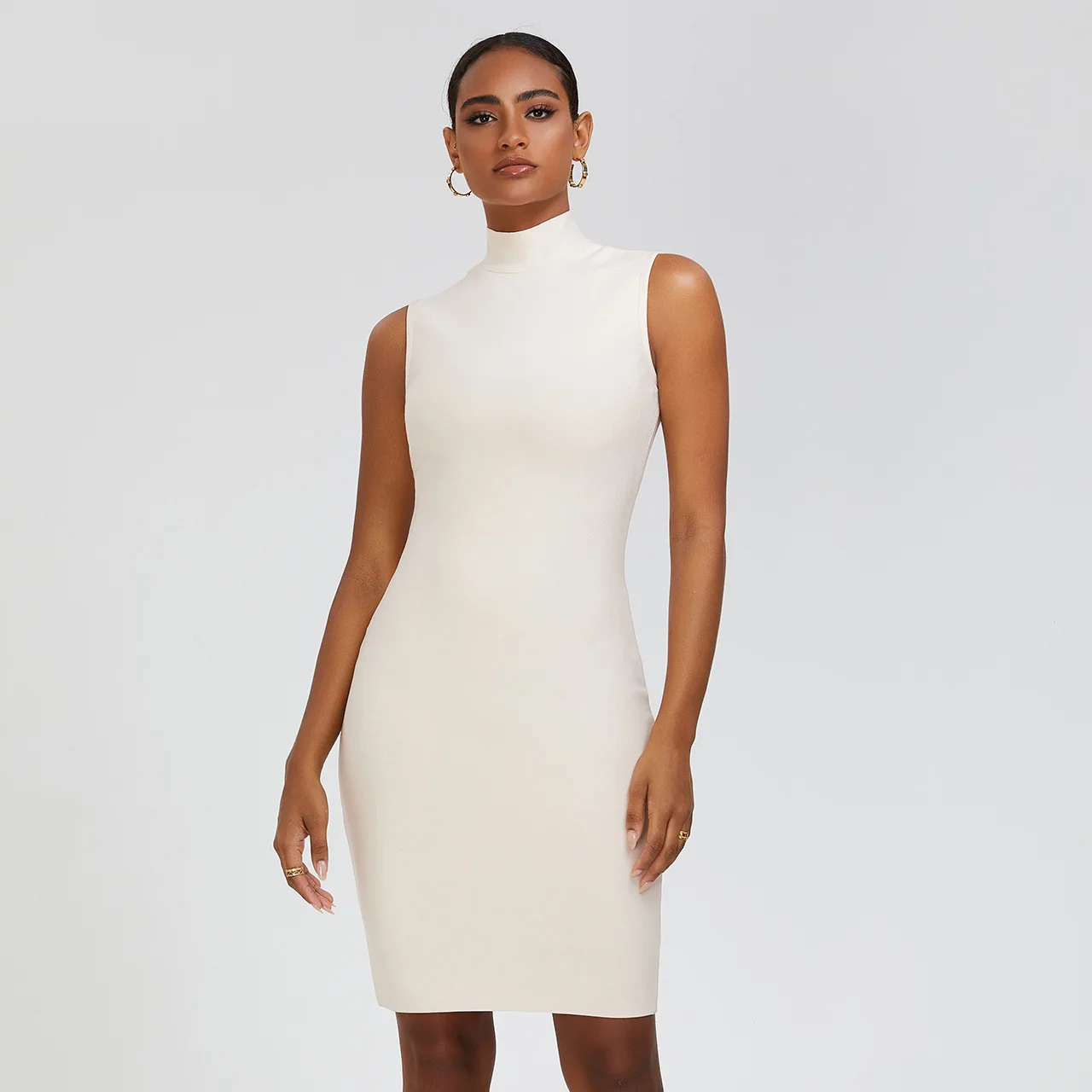 

White Sexy Turtleneck Slim Bandage Dress Women Elegant Sleeveless Celebrity Evening Bodycon Party Dresses Vestido Wholesale