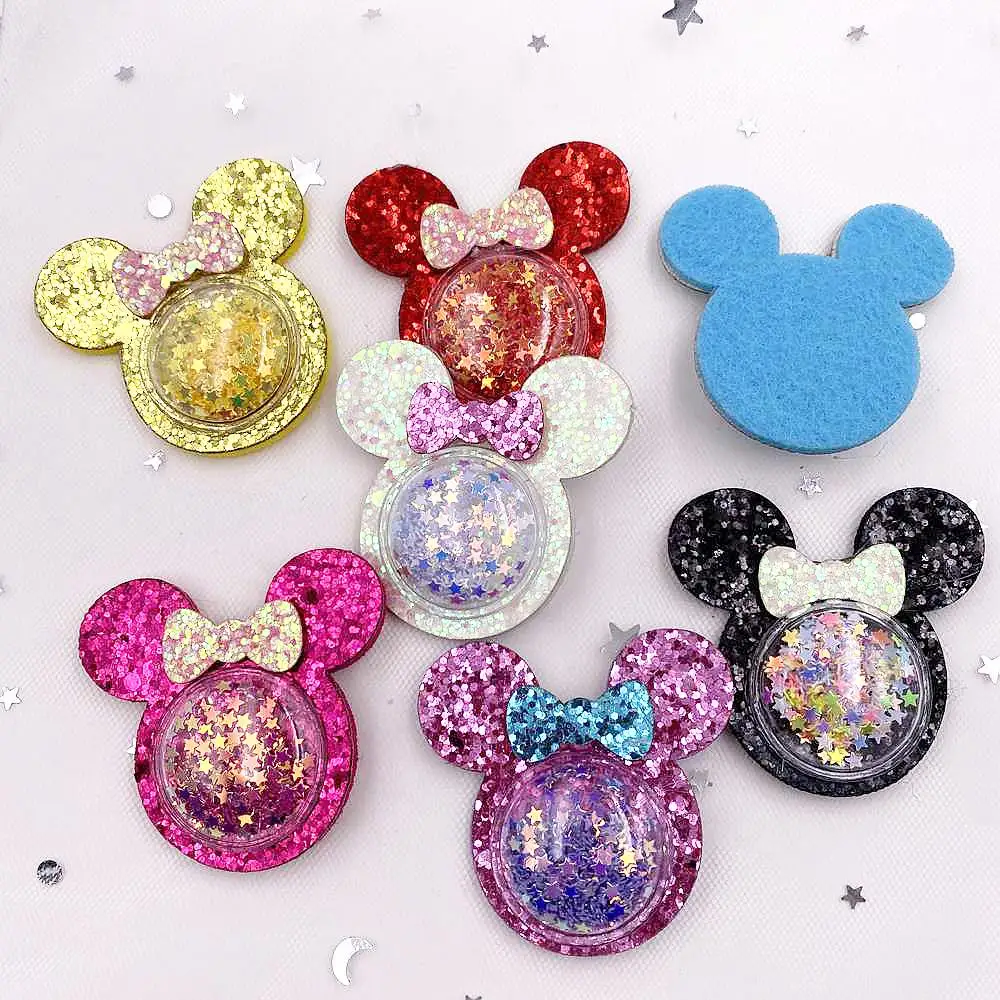 6szt Filcowa tkanina Kolorowy brokat Bepowder Shake Sequins Mouse Patch Applique Sewing DIY Hair Bow Craft Handmade Supplies