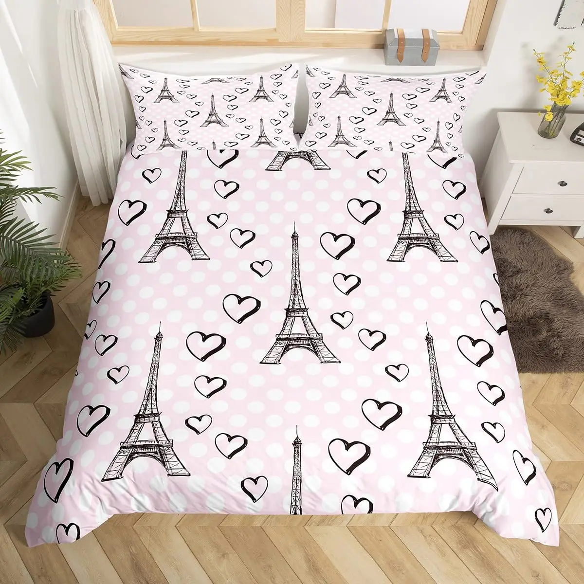 Eiffel Tower Duvet Cover Set Romantic Theme for Girls Women Couple Bedding Set Paris Cityscape Printed Polyester Comforter Cover