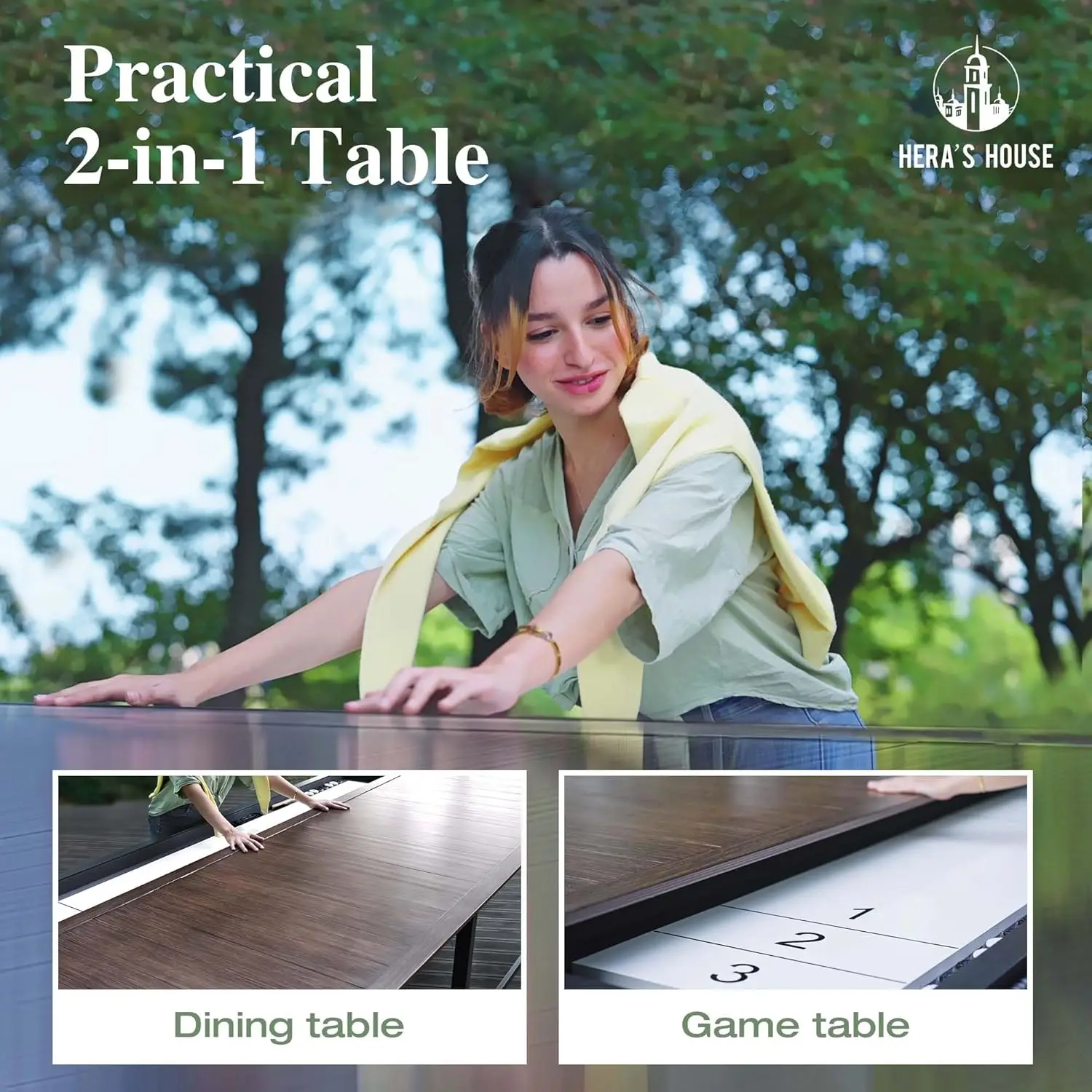 10 Ft. Patio Dining Table for 10, 2 in 1 Extendable Shuffleboard with Game Kit, Extra Large Wood-Like Top with Aluminum Frame, A