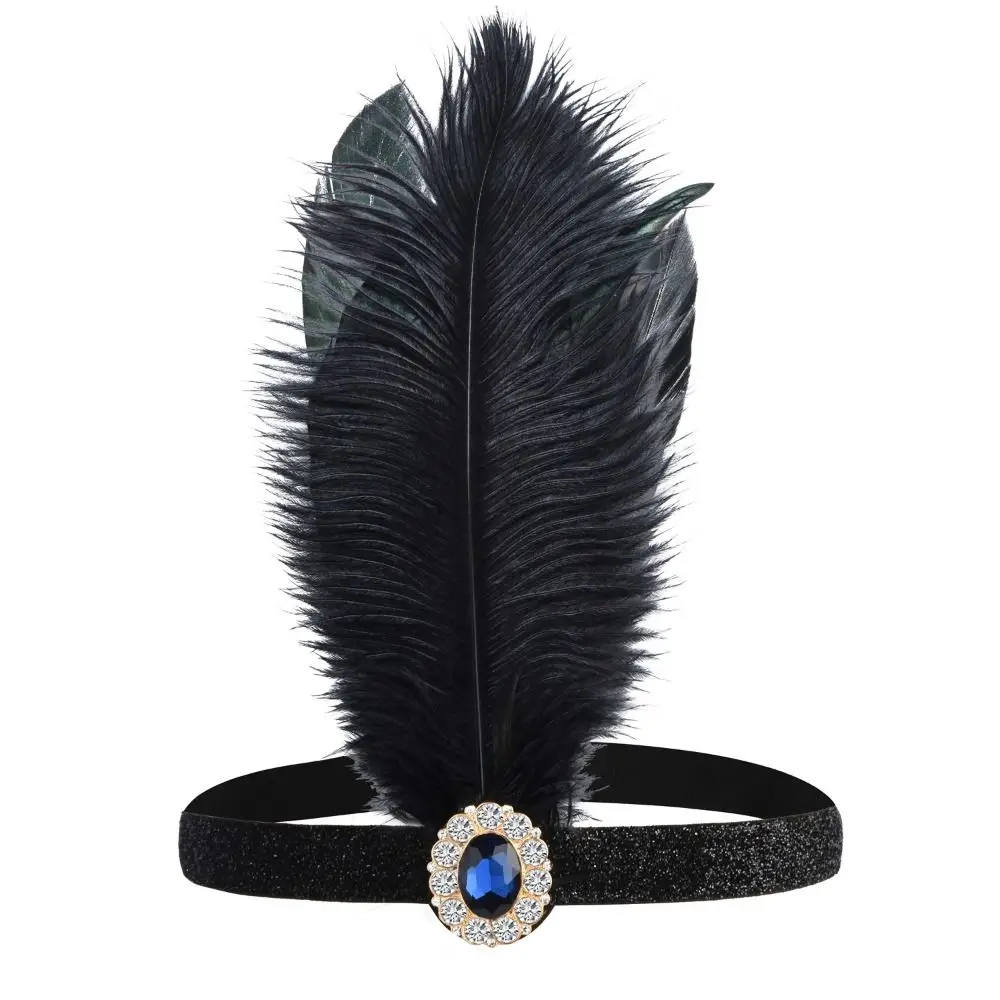 Diadema de plumas de diamante para mujer, accesorios para el cabello, banda para el cabello de fiesta de maquillaje, borla negra, vestido de Cosplay