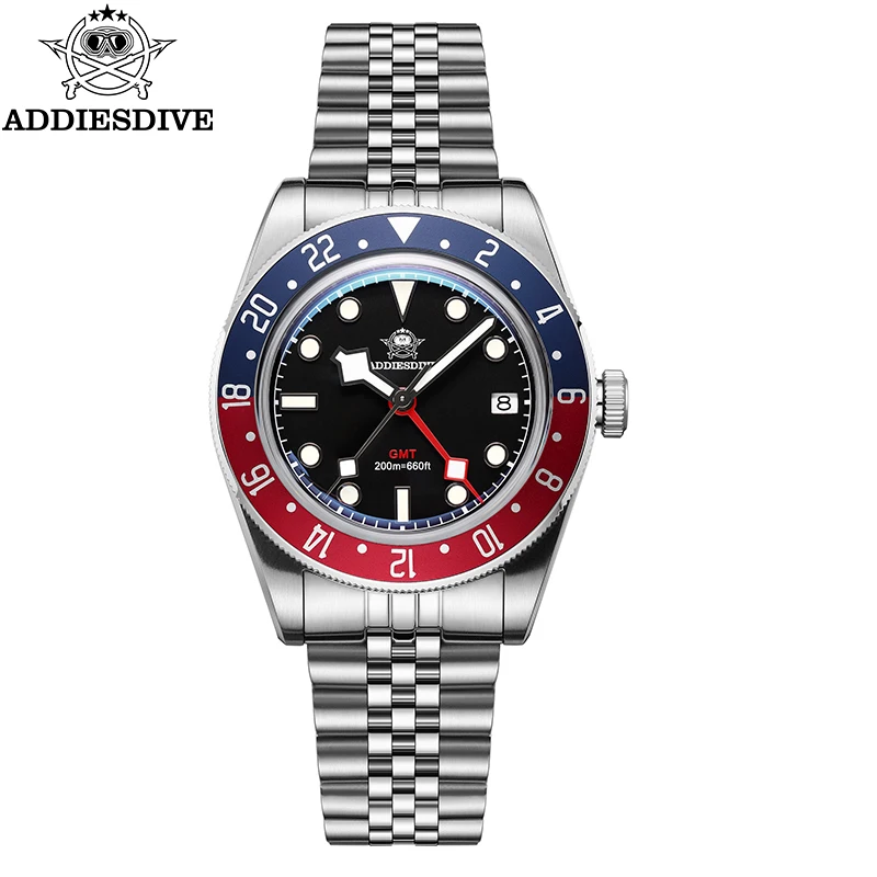 

ADDIESDIVE Hot Sale Stainless Steel Men's GMT Quartz Watch 20ATM Dive Watches Bubble Mirror Pot Cover Glass AD2044 Wristwatches