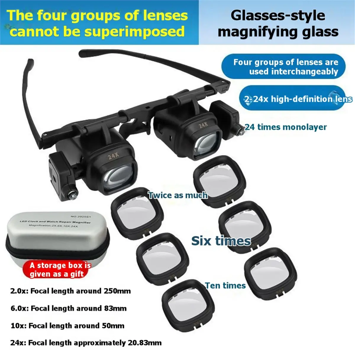 Fits for Led Light Magnifying Glasses Adjustable Angle, Interchangeable Lens (2X 6X 10X 24X), Ideal for Jewelry Watch Repair