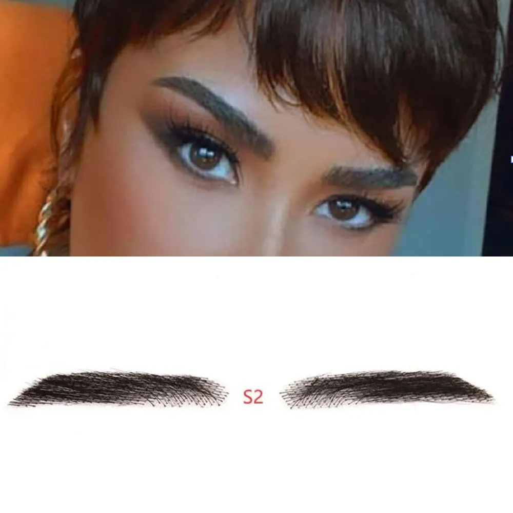 One Pair Fake Eyebrows Handmade Human Hair Lace Eyebrows False Eyebrow Extensions For Women and Men Black Eyebrows