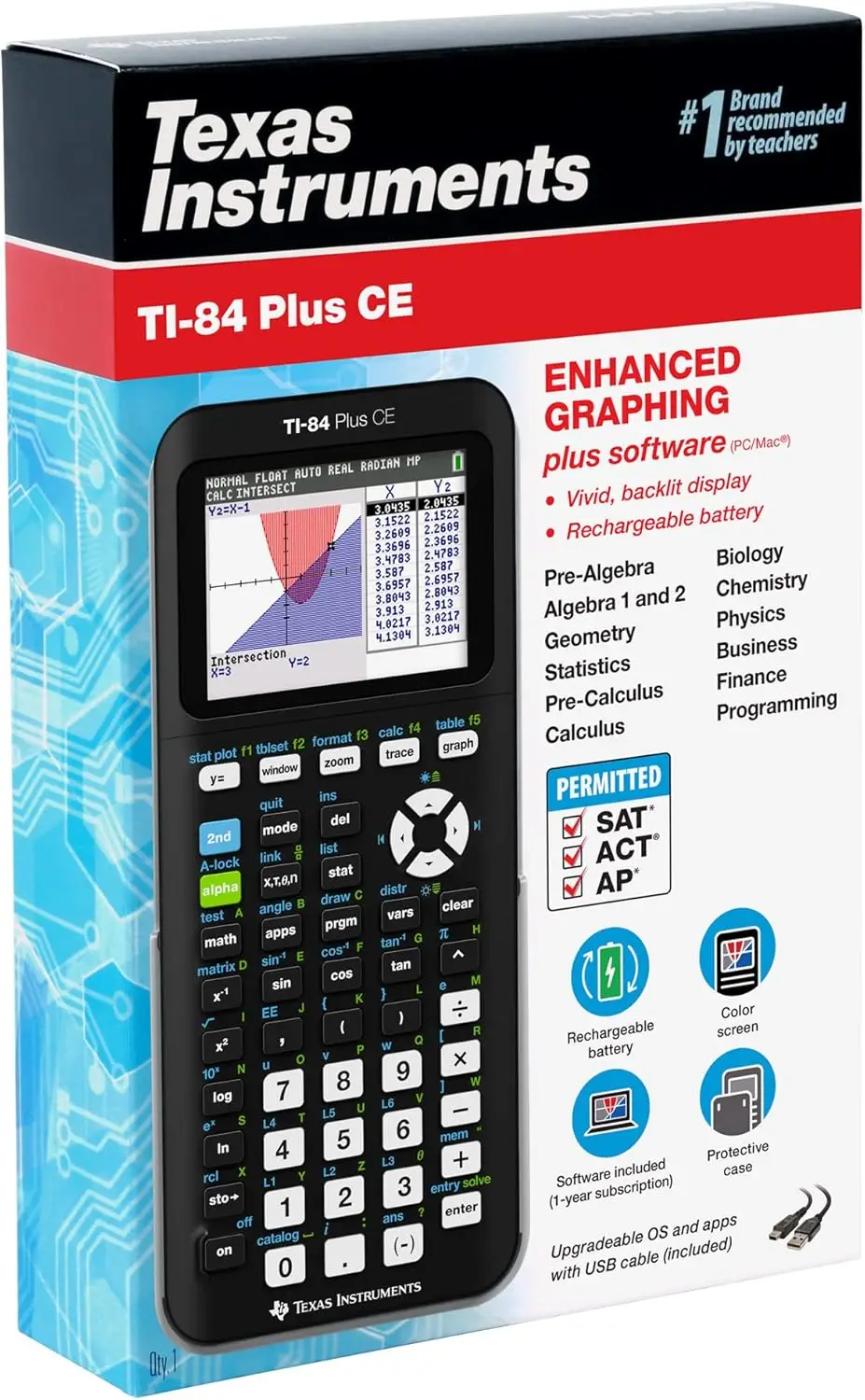 TI-84 instrumen Plus kalkulator grafik warna CE, HITAM