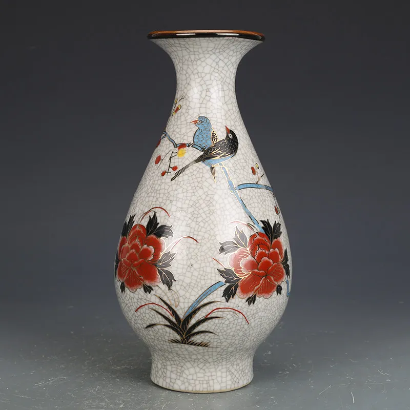 Jingdezhen Ceramic Vase Crackle Glaze Peony Bird Pattern Vintage Chinese Oriental Tabletop Display Home Decor Flower Arrangement