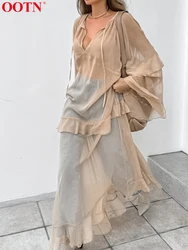 OOTN Khaki Dress Women Sexy V Neck Sheer Mesh Patchwork Ruffled Female Elegant Flare Sleeve Loose Long Dresses Autumn 2024