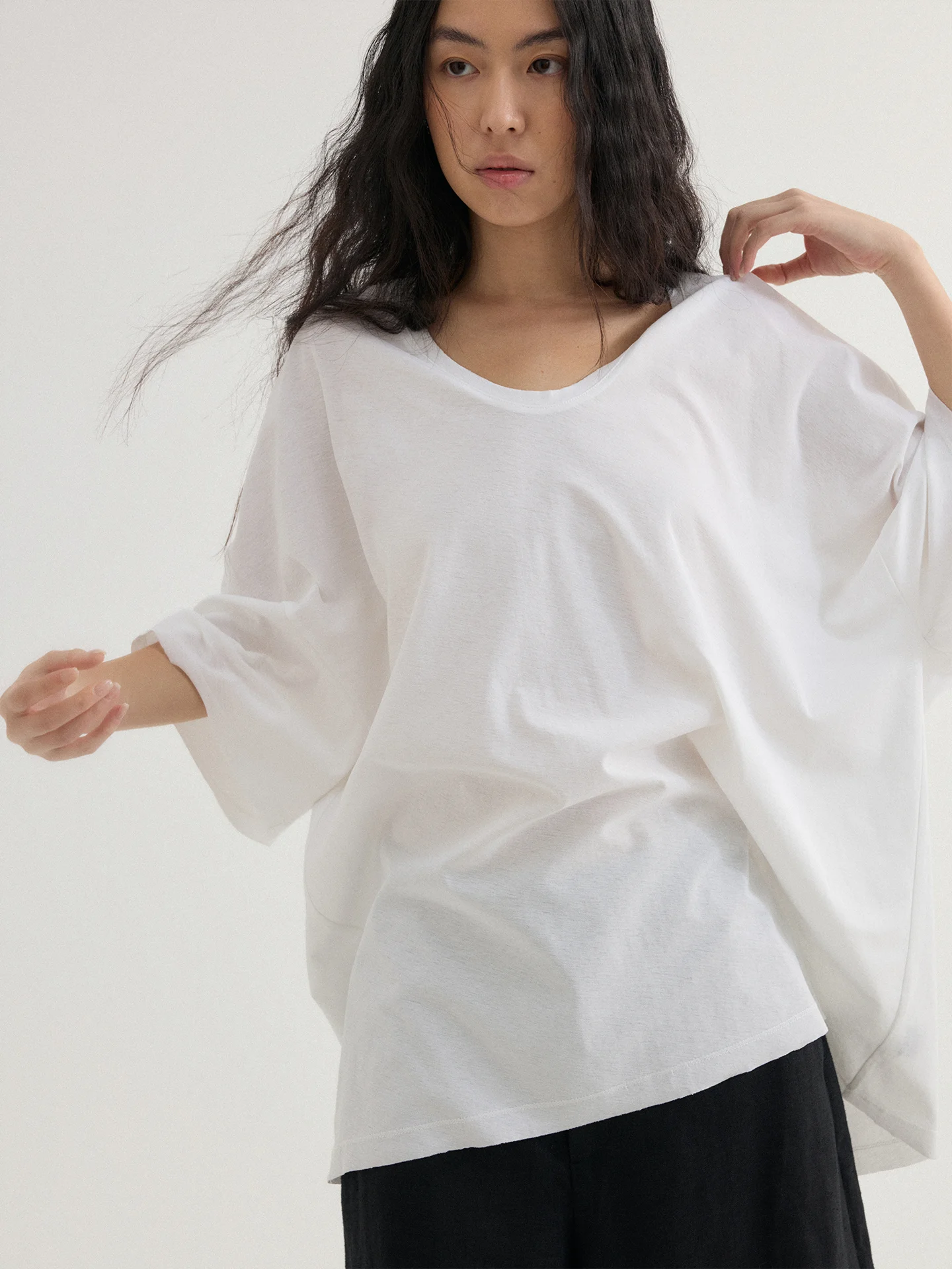 

Pure Cotton Loose Shoulder U-Neck Midi T-Shirt Comfortable Simple Style Women's Summer Fashion Casual Cotton Long Sleeve Top