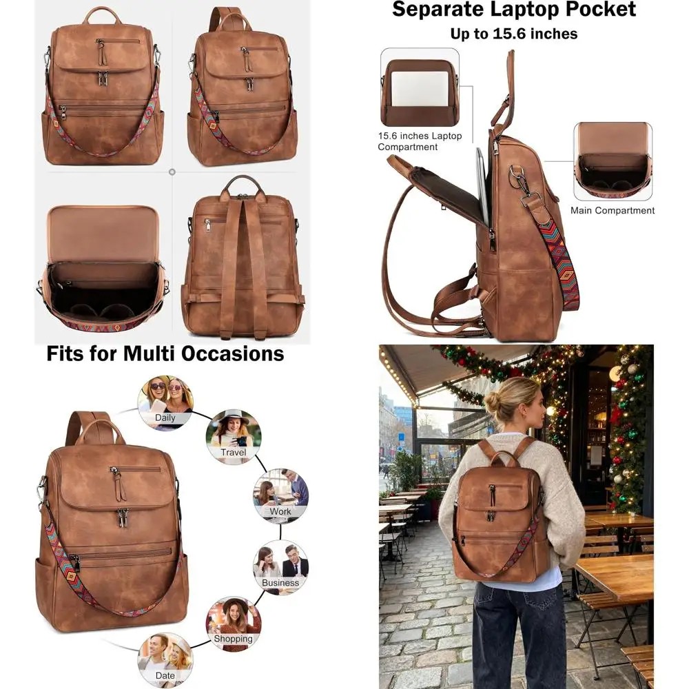 ADEON Laptop Backpack or Women Leather Travel Backpack with Laptop Comparent, Designer Ladies Computer Backpacks Brown