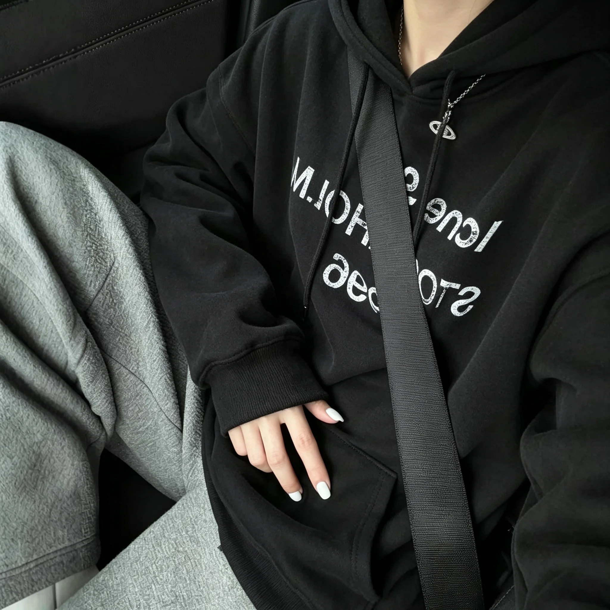 Women American Style Long Sleeve Autumn Winter Black Loose Oversized Niche Design Casual Top Matching Bottoms Daily Streetwear