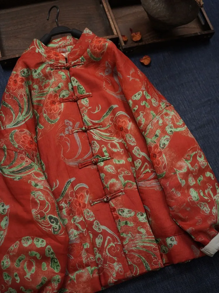 

Женское традиционное китайское пальто на пуговицах Thiened Cotton Jaet, теплая привлекательная зимняя верхняя одежда с цветочным принтом Long Sve