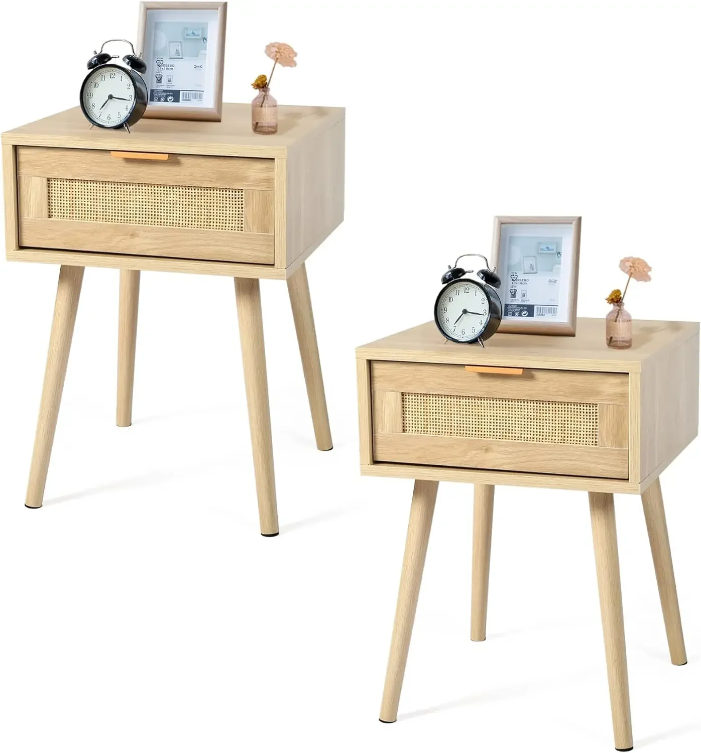 

Set of 2 Bedroom Nightstands Wooden Night Stands with Rattan Weaving Drawer Home Bedside End Table for Bedroom Storage