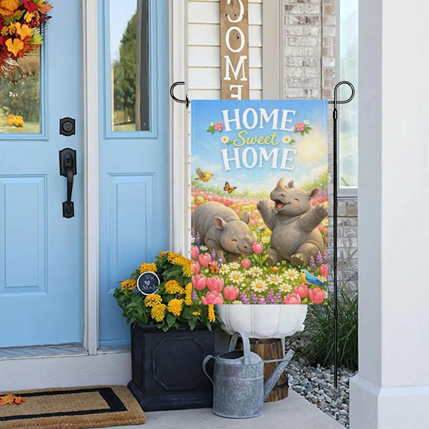 Home Sweet Home Spring Summer Welcome Garden Flag 12x18Inch,Cute Fun Rhinoceros Flower Field Tulip Daisy Yard Outdoor Decor, AAS