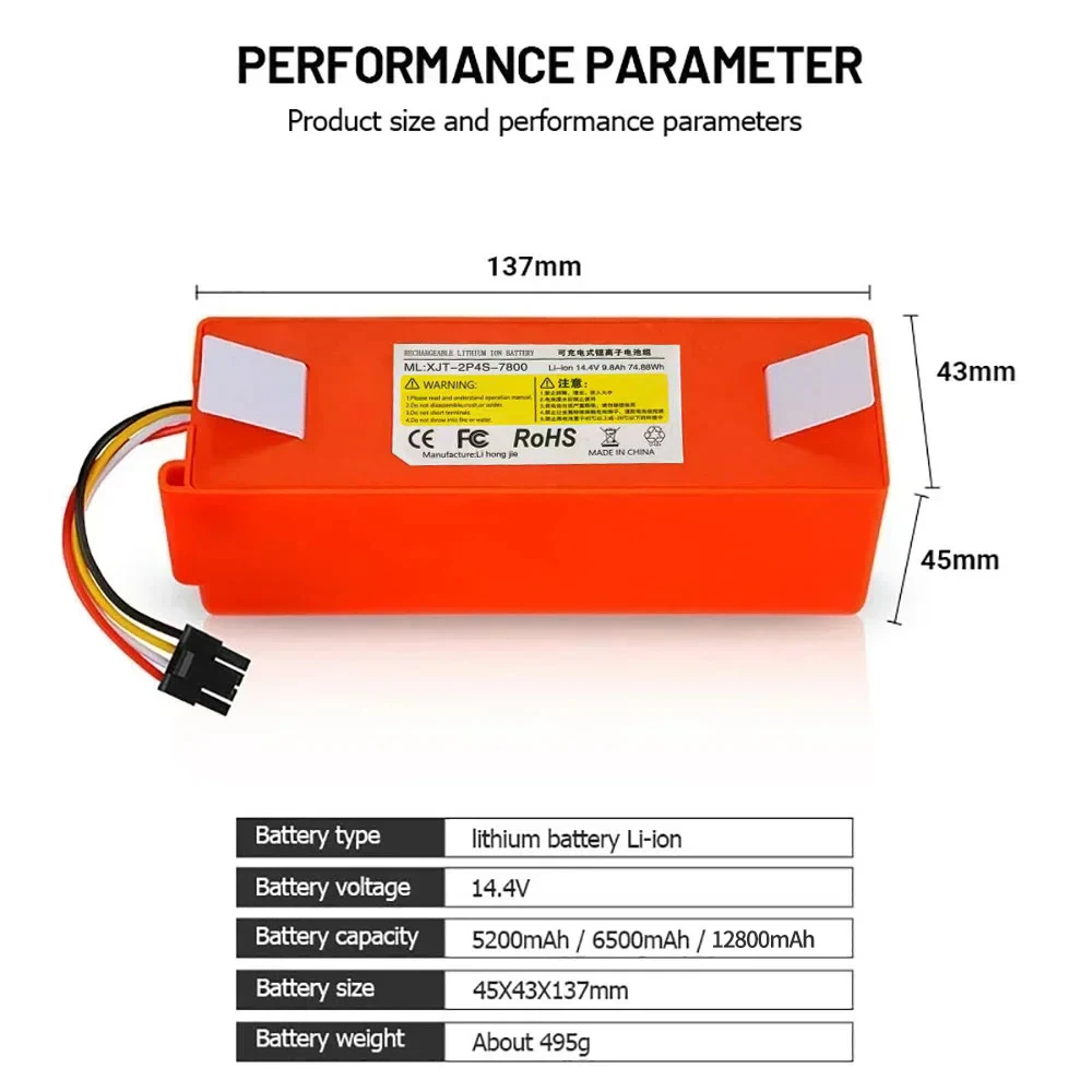 

★★★★★USE2h 14.4V 12800mAh rechargeable battery, used for replacing Xiaomi 1S 1ST Roborock SDJQR01RR S50 S51 T4 T6 vacuum cl