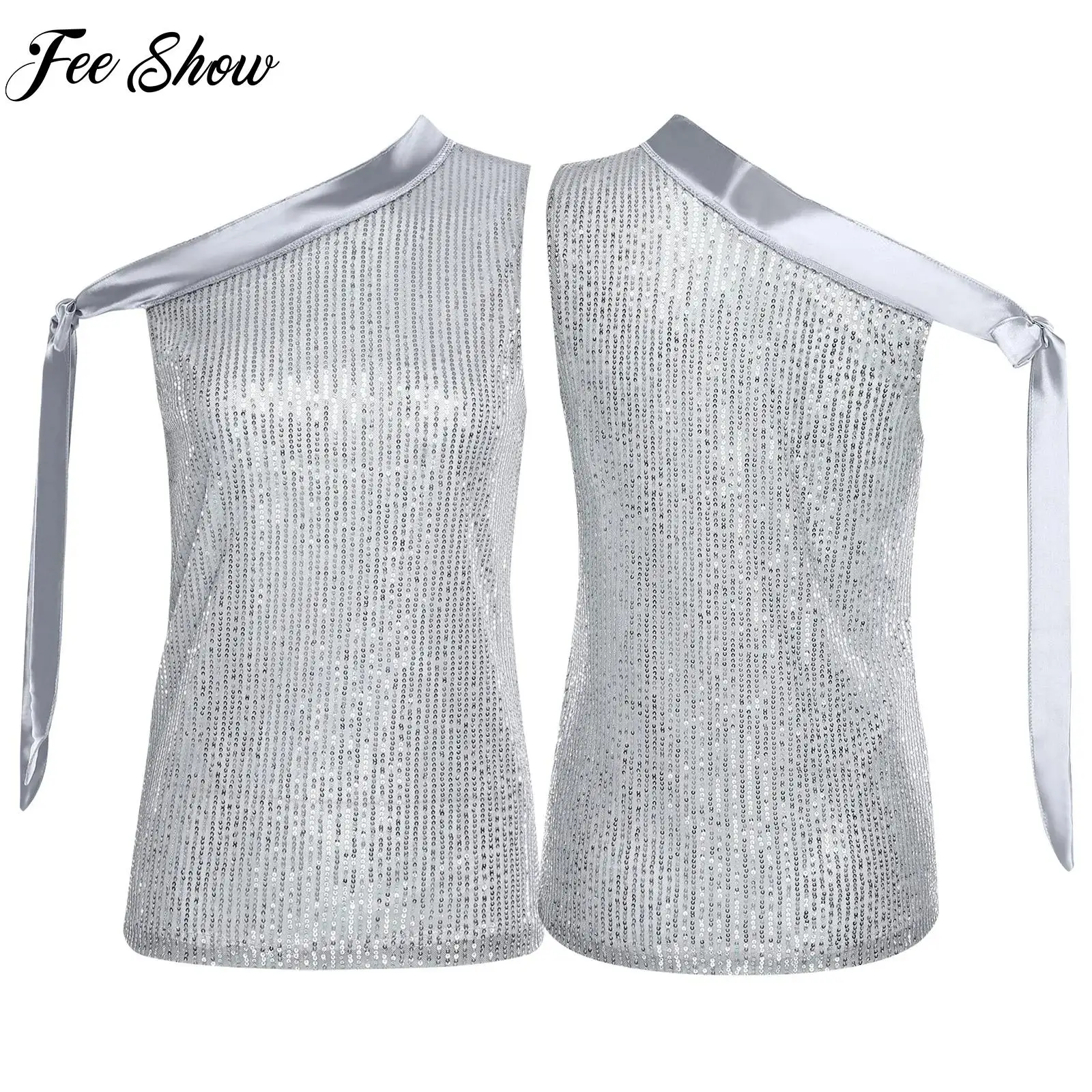 

Kids Girls Sparkly Sequin Jazz Dance Tops Sleeveless Vest Irregular Shoulder Ribbon Lace-up Tank Tops Child Dancewear Streetwear