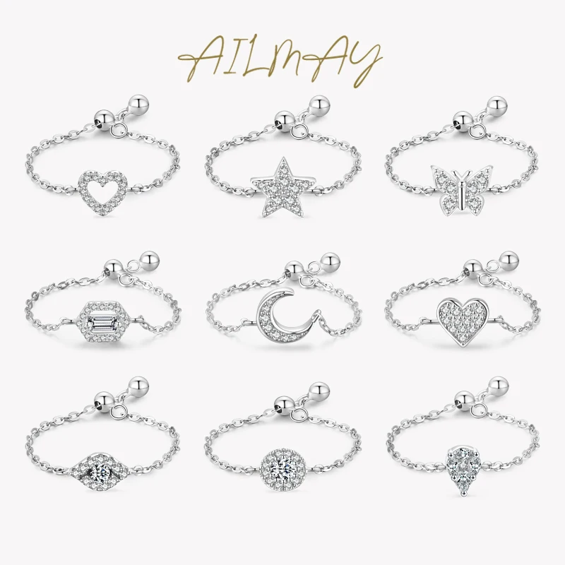 Ailmay 925 Sterling Silver Charm Heart Star Moon Geometric Regulowany łańcuszek Pierścionki na palce dla kobiet Oryginalna biżuteria ślubna