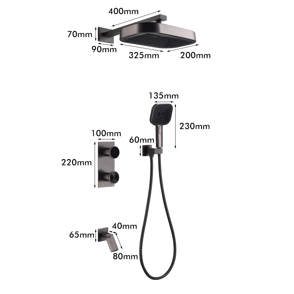 Gunmetal Shower Faucet Kit 3 Way Bathroom Shower Tap Concealed Box Mixer Fold Spout Embedded Box System