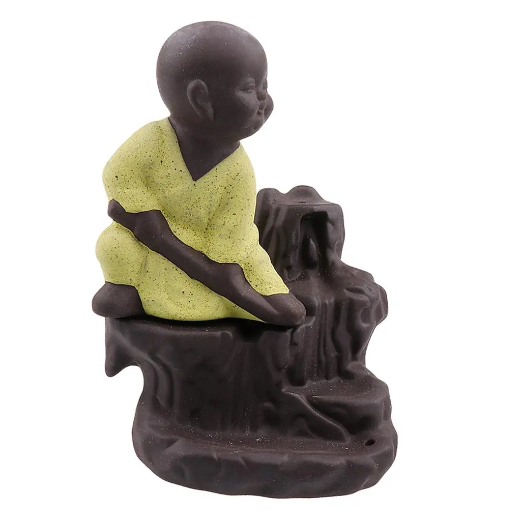 Backflow Censer Waterfall Incense Holder Little Monk Statue Ceramic Aroma Burner for Home Office Meditation Room