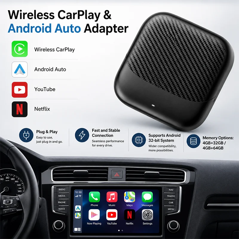 Open Android 32-bit system Wireless CarPlay Android Auto Adapter 4 + 32G/64G RAM 6 Single WiFi Multimedia Video Box
