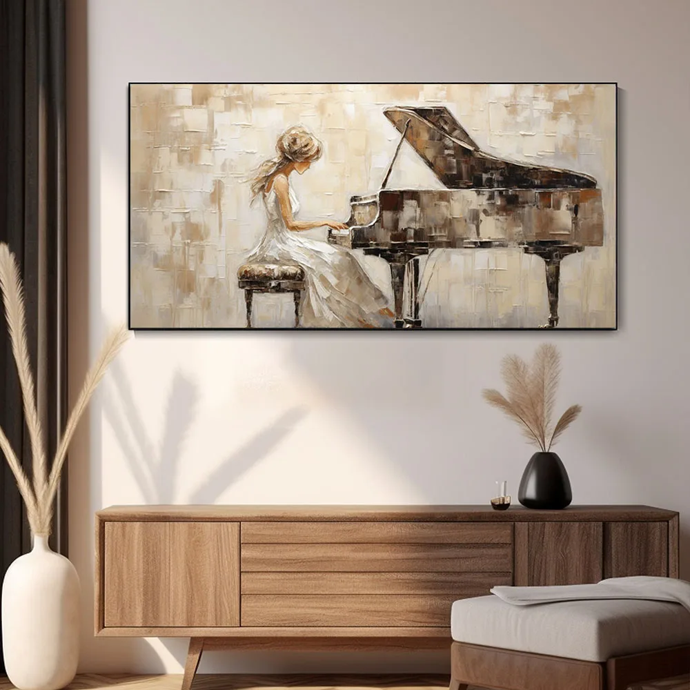 Elegant Lady Piano Music Hand Painted Oil Painting Aesthetic White Dress Abstract Artist Art Textured Beige Fedex Shipping Cost